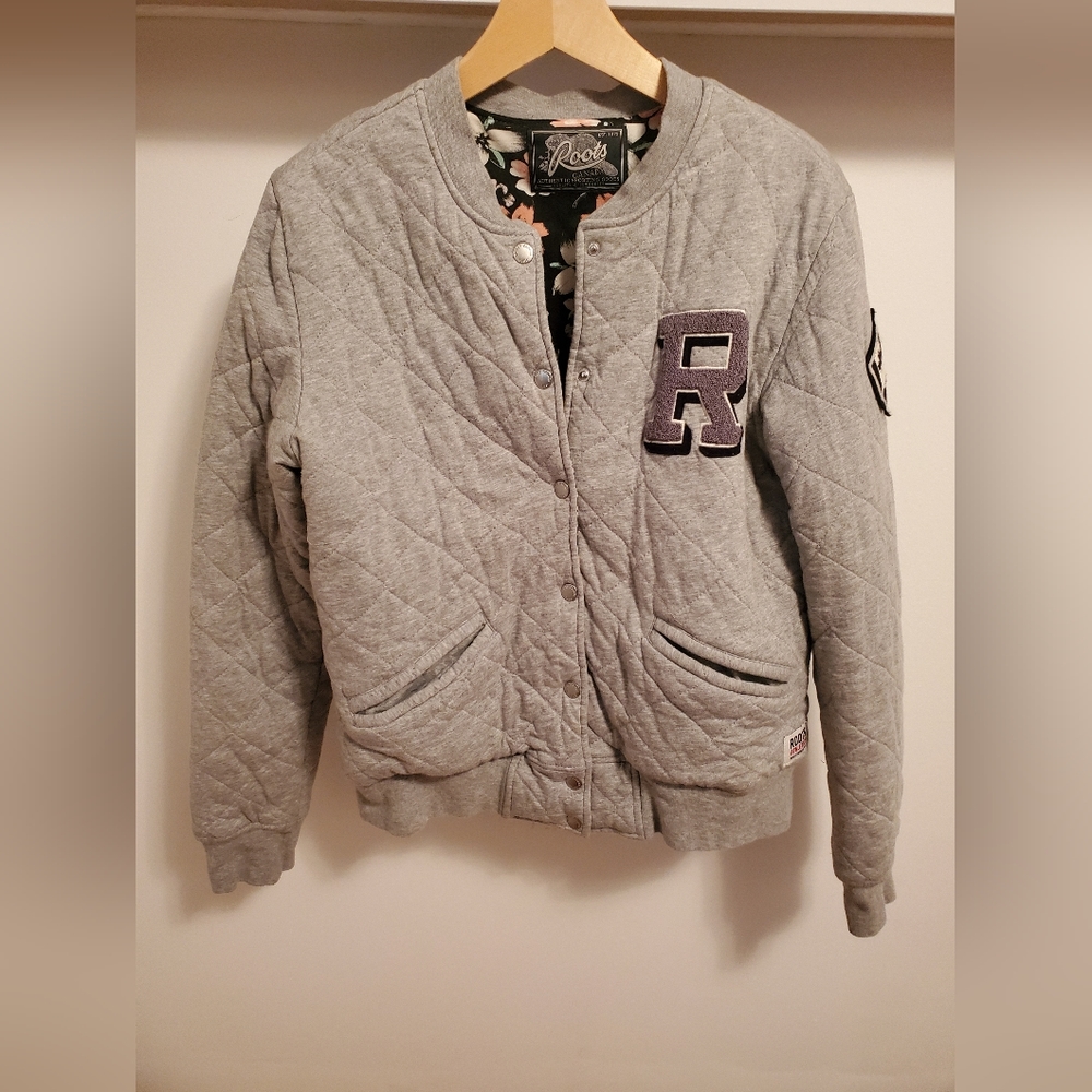 Roots Quilted Letterman Bomber Jacket. Varsity. Heathered grey. Women size M.